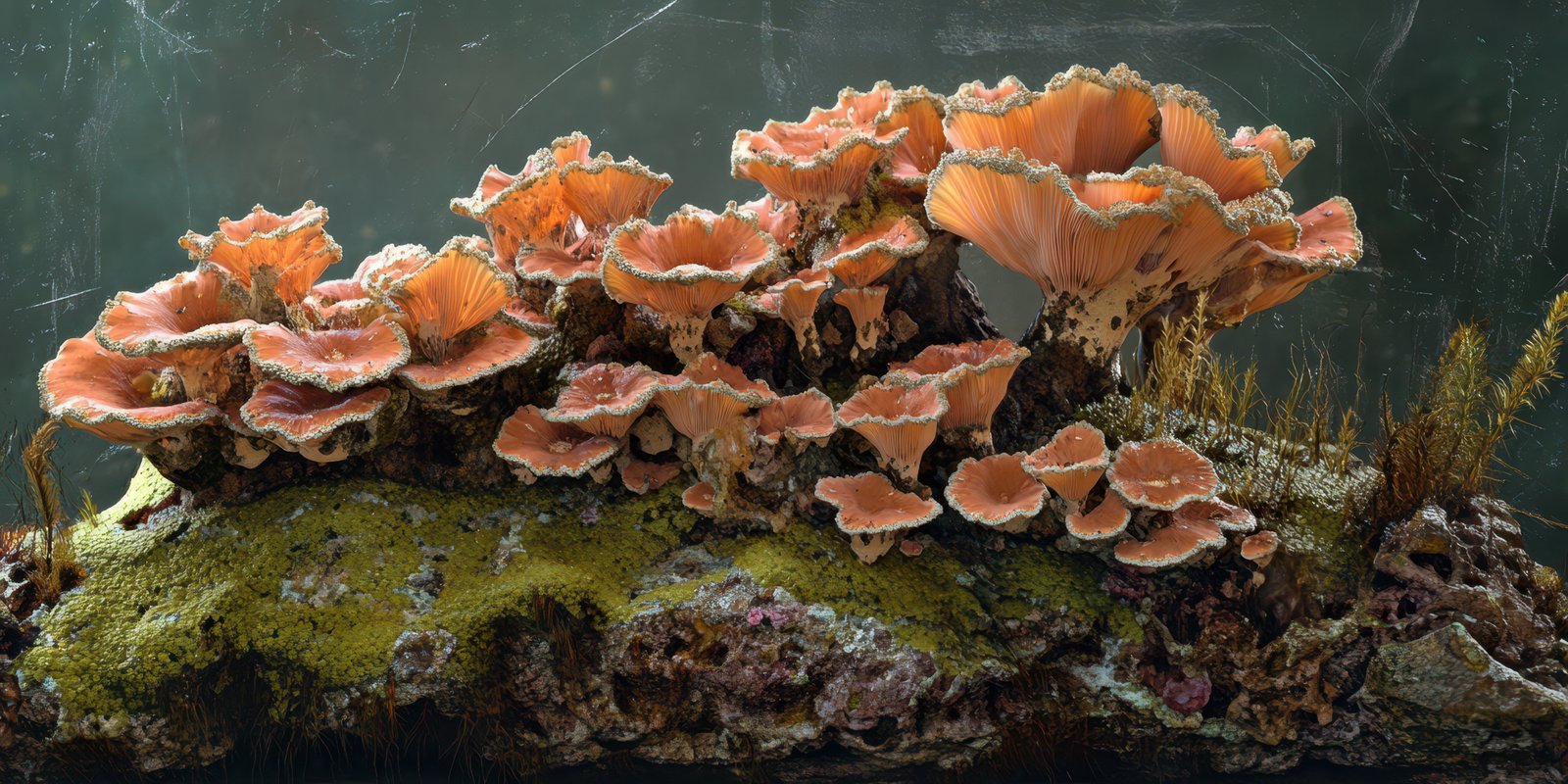 Beautiful clusters of orange mushrooms growing on a mossy log in a forest setting during daylight